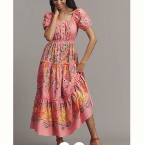 NWT Farm Rio x Anthropologie Tiered Puff-Sleeve Midi Dress - xxs